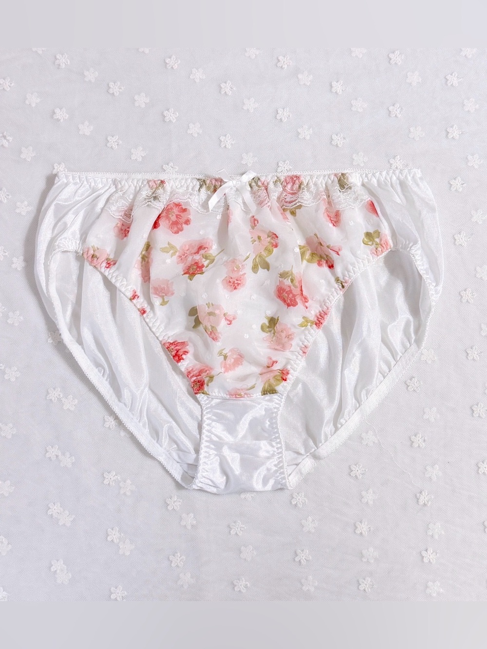 US-XL/JP-5L Japanese Floral Chiffon Trim Bow Shiny Smooth Tricot Nylon Panties